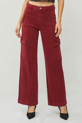 Trendy High Rise Wide Leg Cargo Jeans with Pockets - Comfort & Style by RISEN